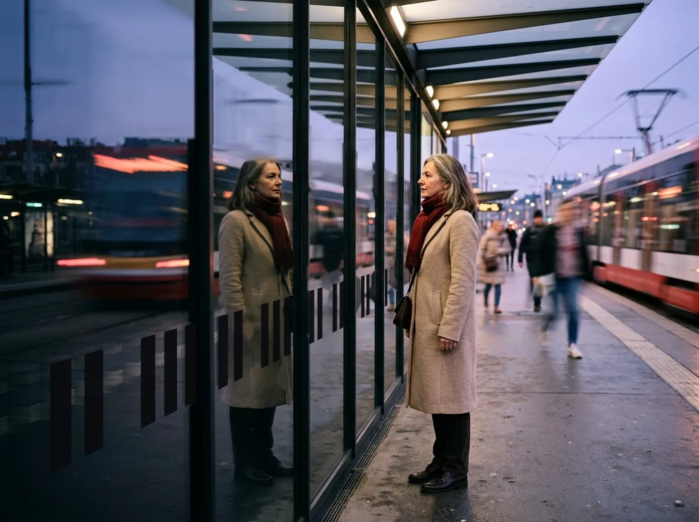 Eine Frau im beigen Mantel und rotem Schal steht still an einer Straßenbahnhaltestelle und betrachtet ihr Spiegelbild in der Glaswand, hinter ihr fährt die rote Tram vorbei