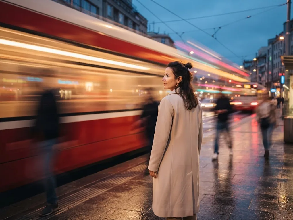 Eine Frau im hellen Mantel wartet ruhig an der Straßenbahnhaltestelle, hinter ihr rauscht die rote Tram vorbei