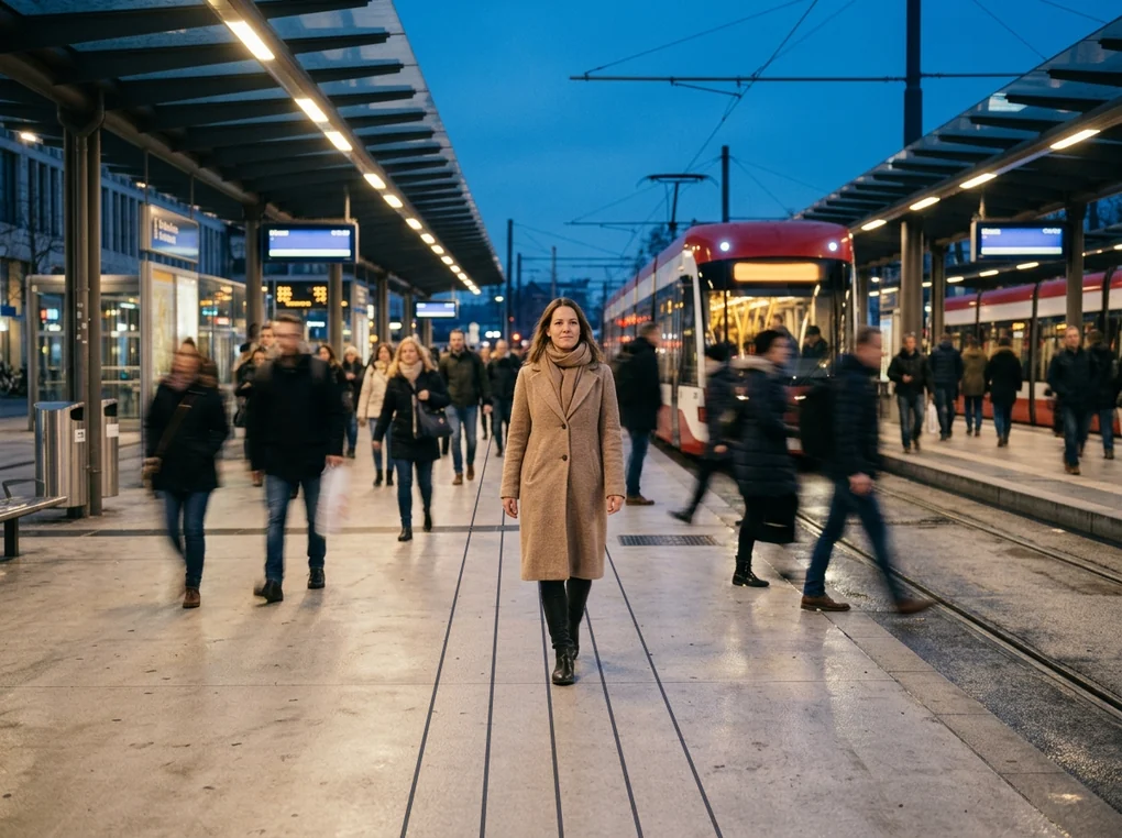 Eine Frau im beigen Mantel geht ruhig über einen Straßenbahnsteig, um sie herum eilen Menschen verwischt vorbei, im Hintergrund die rote Tram